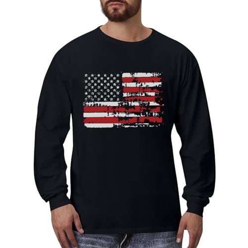 Herren Kleidung Sale, Langarm Shirts Herren Laufshirt Herren Vintage Flagge Druck Rundhals Langarm T Shirt Locker Casual Pullover Tops Outdoor Trachtenhemden Für Herren Hemd Männer(Black,M) von LUNULE