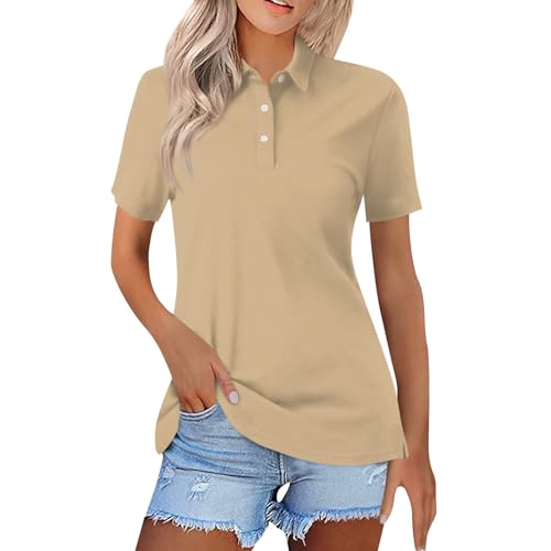 Kurzarm Bluse Damen Crop Top Weiß Sport Tshirt Damen Locker Einfarbig Button Down Revers Polo-Shirt Golf Tennis Polohemd Schnelltrocknend Poloshirt Damen Weiß (Beige, XL) von LUNULE