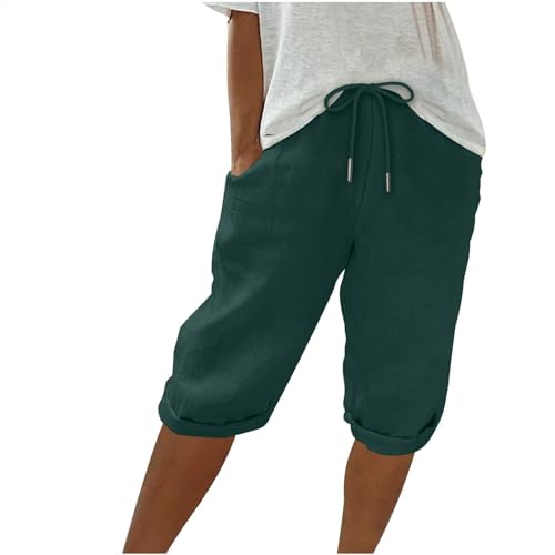 Kurze Hosen Damen Sommer, Leinen Shorts Damen Damen Shorts Knielang Einfarbig Kurze Hosen Leinenhose Mit Kordelzug Casual Pants Hohe Taille Wandershorts Damen Sommer Angebote(Dark Green,M) von LUNULE