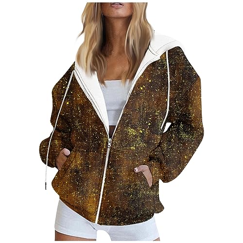 LUNULE Angebot des Tages, Damen Sweatjacke Laufjacke Damen Batik Drucken Langarm Sweatshirt Jacke Mit Kapuze Basic Hoodie Mit Reißverschluss Jogging Jacke Damen Teddyjacke Damen(Coffee,S) von LUNULE