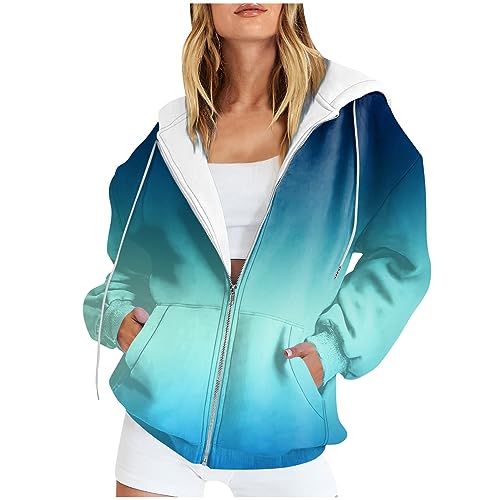 LUNULE Angebot des Tages, Hoodie Jacke Damen Laufjacke Damen Gradient Langarm Sweatshirt Jacke Mit Kapuze Damen Zipper Kapuzenjacke Sport Damen Sweatjacke Sommer Jacke Damen(Sky Blue,M) von LUNULE