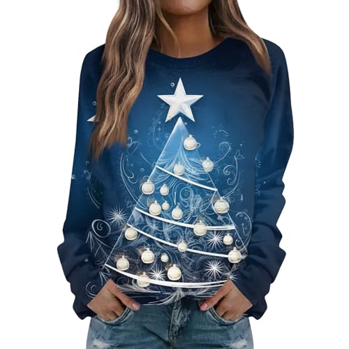 LUNULE Angebot des Tages, Kleid Weihnachten Damen Pulli Damen Lustige 3D Drucken Sweatshirt Ohne Kapuze Casual Rundhals Langarm Pullover Xmas Familien Weihnachtspullover Damenpullover Langarm(Blue,L) von LUNULE