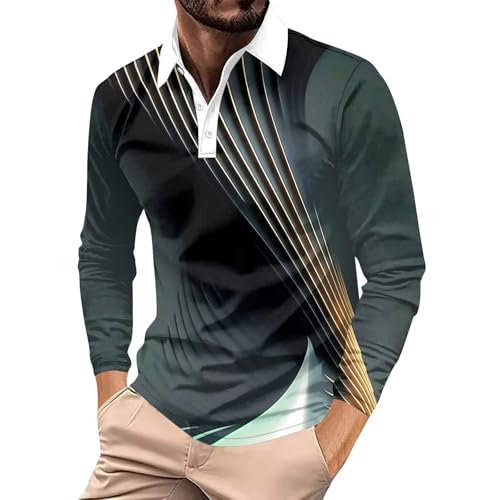 LUNULE Angebot des Tages, Pullover Für Herren Henley Shirt Herren 3D Gestreiftes Langarm Polohemd Knopfleiste Golf Tennis Sportshirt Bunte Streetwear Wander Tshirt Herren Atmungsaktiv (Dark Green,M) von LUNULE