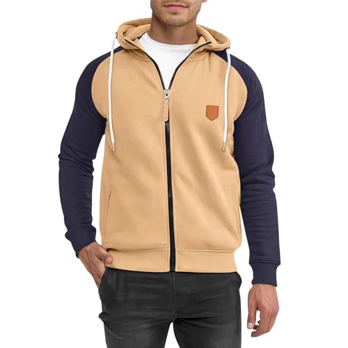 LUNULE Angebot des Tages, Übergangsjacke Herren Zip Hoodie Herren Farbblock Langarm Sweatshirt Jacke Mit Reißverschluss Outdoor Sportjacke Kapuzenjacke Herrenjacke Übergangsjacke Jacke (Camel,XXL) von LUNULE