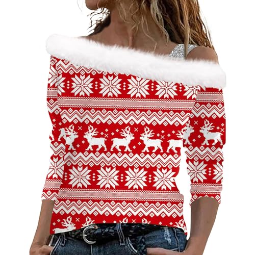 LUNULE Angebot des Tages, Weihnachtspulli Weihnachten Druck Plüsch Schulterfrei Langarm Pullover Mit Schulterriemen Pullover Für Damen Tshirt Weihnachten Damen Anime Pullover(Red,XXL) von LUNULE