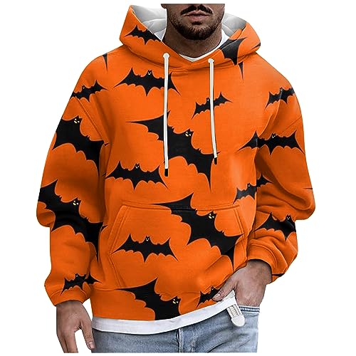 LUNULE Angebote Tages Blitzangebote Heute, Herren Hoodie Zip Hoodie Y2K Herren Halloween Druck Langarm Pullover Mit Kapuze Fledermaus Muster Kapuzenpullover Casual Zip Hoodie Herren (Orange,XXL) von LUNULE