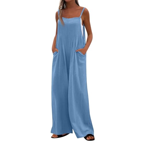 LUNULE Angebote Tages Blitzangebote Heute, Jumpsuit Damen Kurz Sportanzug Damen Einfarbig Ärmellos Rompers Casual Loose Lang Playsuit Verstellbar Strampler Weites Bein Latzhose Karneval (Blau,S) von LUNULE