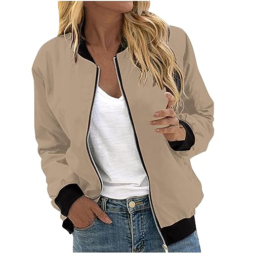 LUNULE Angebote Tages Blitzangebote Heute, Sommerjacke Damen College Jacke Damen Einfarbig Langarm Kurz Coat Sommerjacke Mit Reißverschluss Leichte Blouson Damen Blouson Jacke Sommer (Khaki,XL) von LUNULE