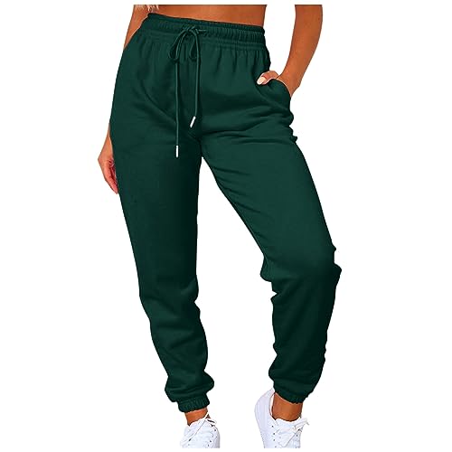 LUNULE Angebote Tages Blitzangebote Heute, Sporthose Damen Gym Leggings Damen Einfarbig Baggy Hose Sporthose Mit Taschen High Waist Hosen Leichte Basic Sweathose Yogahose Damen Lang (Dark Green,L) von LUNULE