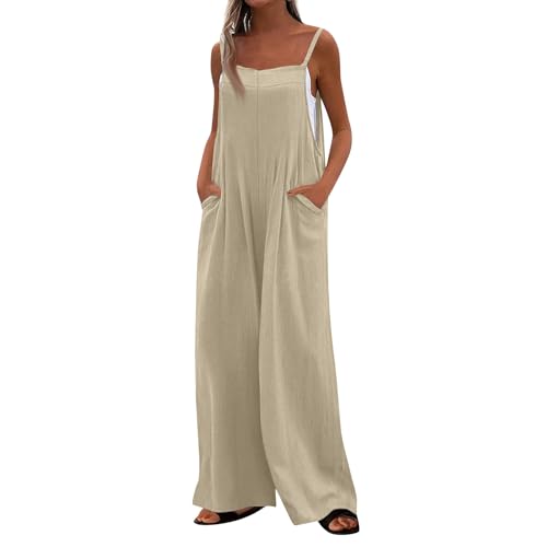 LUNULE Angebote des Tages Heute, Jumpsuit Damen Elegant Overall Damen Elegant Einfarbig Ärmellos Rompers Casual Loose Lang Playsuit Verstellbar Strampler Weites Bein Glitzer Jumpsuit (Khaki,S) von LUNULE