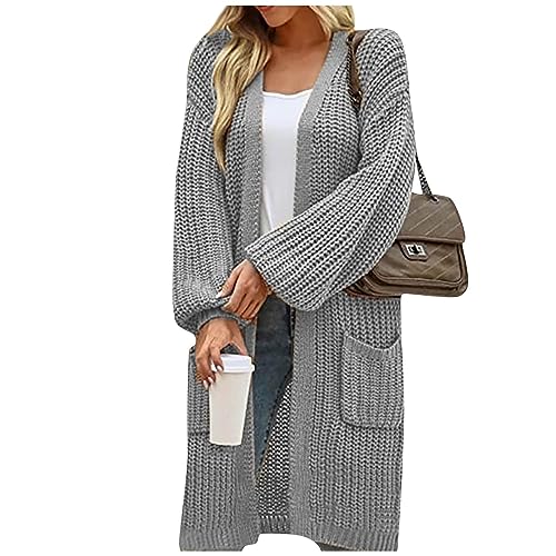 LUNULE Angebote des Tages Heute, Leichte Sommerjacke Damen Damen-Jacken Langarm Grobstrick Jacke Mit Taschen Einfarbig Lang Open Front Sweater Outwear Jacke Sommer Damen Sweater Damen(Light Gray,XXL) von LUNULE