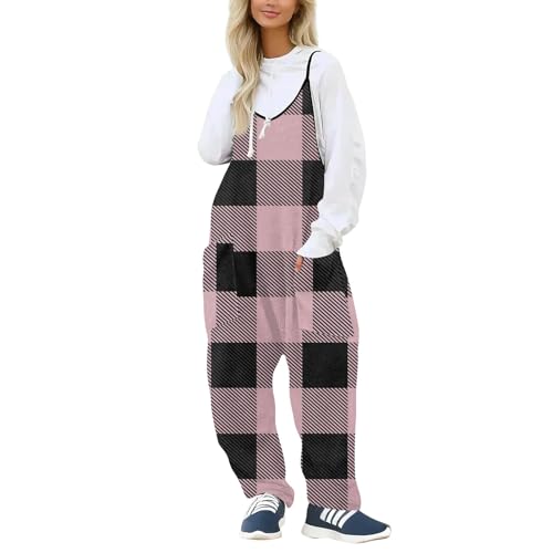 LUNULE Angebote des Tages Heute, Overall Damen Ballettkleidung Damen Kariert Gedruckt Spaghettiträger Jumpsuits Mit Taschen Casual Lang Playsuit Jumpsuit Weihnachten Damen Jumpsuit(Rosa,M) von LUNULE