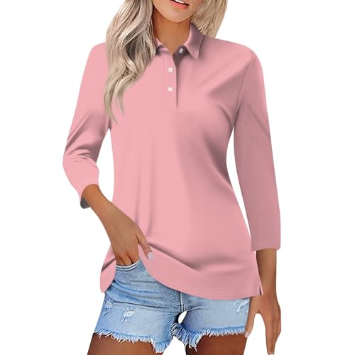 LUNULE Angebote des Tages Heute, Shirt Damen Damen Tshirt Sommer Einfarbig Button Down Revers Poloshirts Atmungsaktiv Golf Tennis Polohemd Shirt Weiß Damen Kasack Damen(Pink,XL) von LUNULE