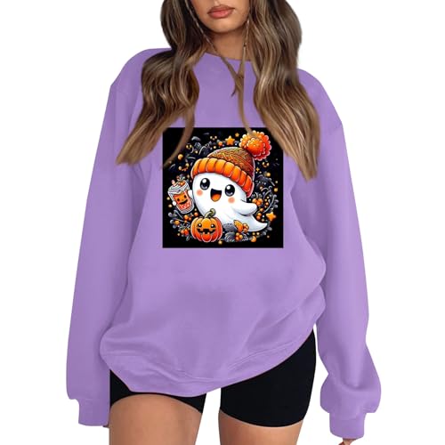 LUNULE Angebote des Tages Heute Blitzangebote, Damen Pullover Halloween Mädchen Geister Druck Sweatshirt Rundhals Langarm Pulli Ohne Kapuze Casual Warm Bluse Pulli Damen Oversize Tshirt (Purple,XXL) von LUNULE