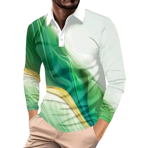 LUNULE Angebote des Tages Heute Blitzangebote, Hemd Herren Langarm Poloshirt Herren 3D Druck Polo Shirt Casual Golf Tennis Shirts Polohemd Regular Fit Businesshemd Herren-Langarmshirts (Green,XL) von LUNULE