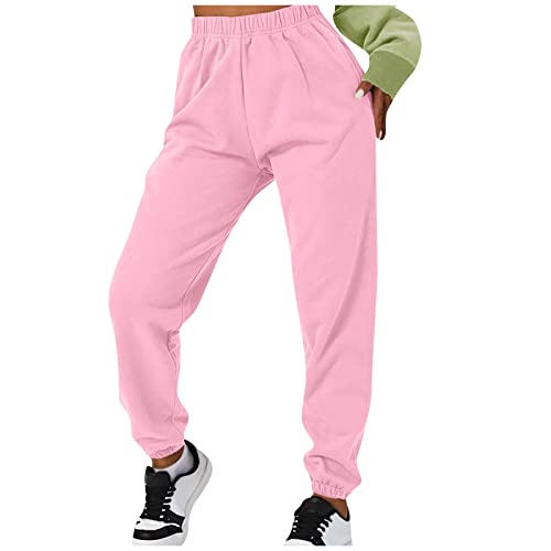 LUNULE Angebote des Tages Heute Blitzangebote, Stoffhose Damen Trainingsanzug Damen Einfarbig Basic Sporthose Mit Taschen Elastisch Hohe Taille Sweathose Fitness Laufenhose Cargohose (Rosa,L) von LUNULE