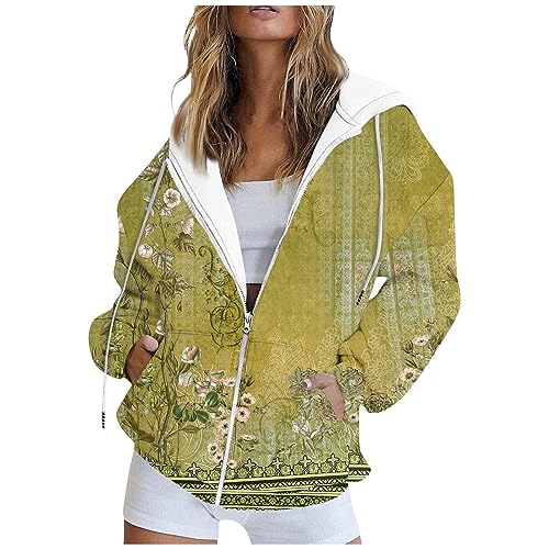 LUNULE Angebote des Tages Heute Blitzangebote, Strickjacken Für Damen Kapuzenpullover Damen Blumenmuster Langarm Hoodie Jacke Kapuzenpullover Mit Reißverschluss Casual Basic Sport Jacke (Gelb,S) von LUNULE