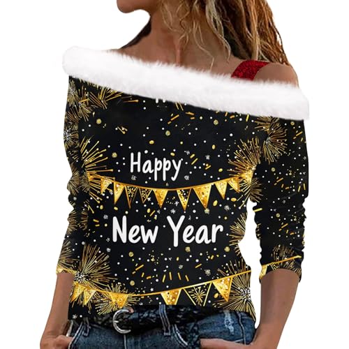 LUNULE Kleid Weihnachten Damen Weihnachten 3D Druck Plüsch Schulterfrei Pullover Elegant Langarm Weihnachten Pulli Strickpullover Damen Damen Weihnachtspullover von LUNULE