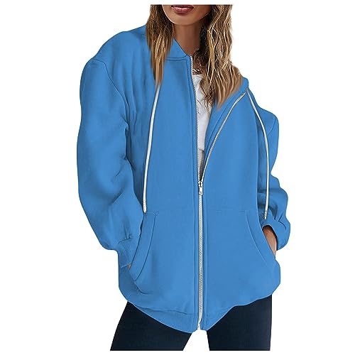 LUNULE Blitzangebote, Sweatjacke Damen Mit Kapuze Sweatshirt Damen Einfarbig Full Zip Sweatshirt Jacke Mit Kapuze Casual Langarm Hoodie Kapuzenjacke Leichte Jacke Damen Übergangsjacke(Blau,XXL) von LUNULE