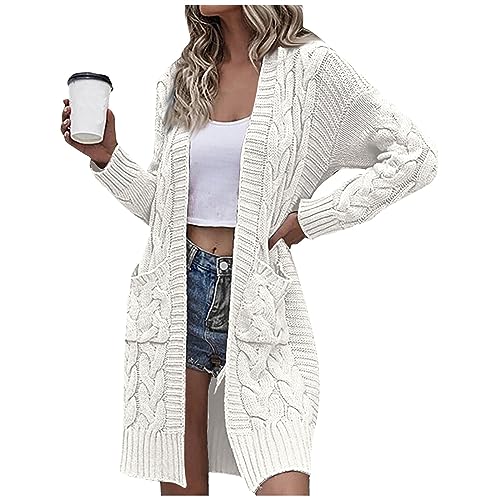 LUNULE Blitzangebote des Tages, Cardigan Damen Sommer Kimono Damen Strand Langarm Grobstrick Jacke Mit Tasche Zopfmuster Open Front Sweater Outwear Frauen Jacke Sommer Damen Damenjacken (Weiß,XL) von LUNULE