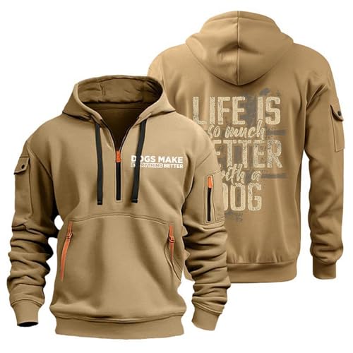 LUNULE Blitzangebote des Tages, Fleecepullover Herren Strickjacken Für Herren Langarm Pullover Mit Taschen 1/4 Zip Hoodie Outdoor Kapuzenpullover Hoody Männer Sweatshirt Jacke Herren(Khaki,M) von LUNULE