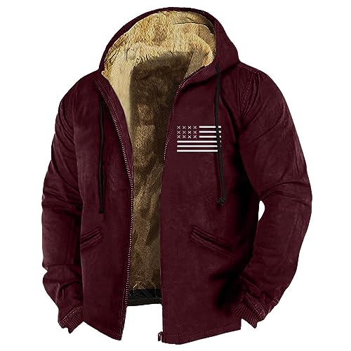 LUNULE Bomberjacke Herren Winter Warnschutzjacke Jacke Wasserdicht Herren Flaggen Druck Langarm Teddy Fleece Gefüttert Hoodie Jacke Mit Reißverschluss Cardigan Lang (Red, 3XL) von LUNULE