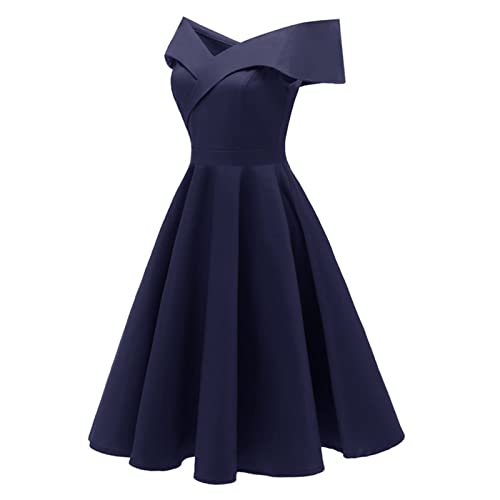 LUNULE Cocktailkleid Damen Brautjungfernkleider Elegant A-Linien Swingkleid Einfarbig Hohe Taille Shortkleid Knielang Cocktailkleid Trägerlos Ballkleid Kurz Ärmel Partykleid Tunikakleid Marine von LUNULE