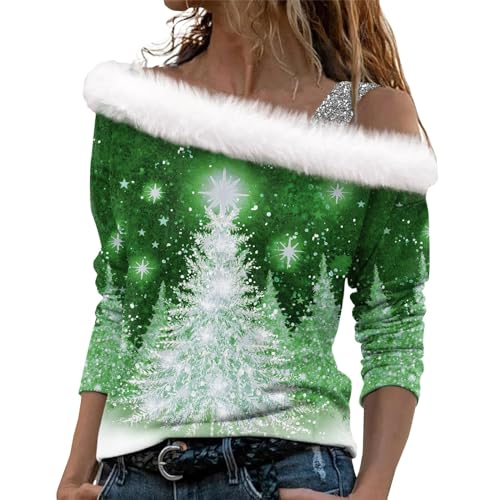 LUNULE Damen Hoodie Mit Kapuze Ugly Xmas Sweater Kleid Weihnachten Damen Tshirt Kleid Damen Weihnachten 3D Druck Plüsch Schulterfrei Langarm Pulli Shirt Mit Schulterriemen Xmas Strickpullover Damen von LUNULE