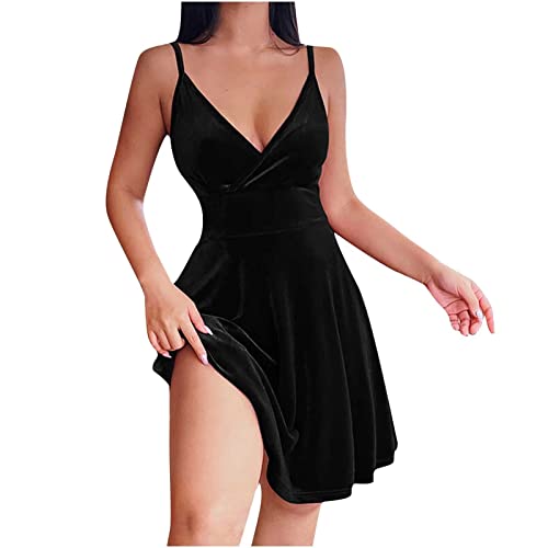 LUNULE Damen Kleider Lustige Faschingskostüme Damen Samtkleid Damen Sexy Ärmellos Camikleid Tiefer V-Ausschnitt A-Linie Skaterkleid Hohe Taille Kurz Partykleid Elegant Minikleid Schwarz XL von LUNULE