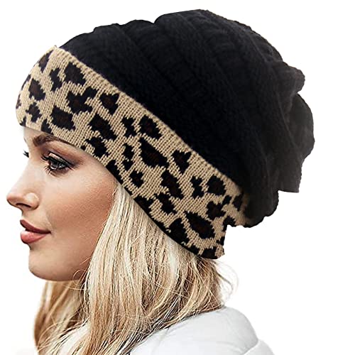 LUNULE Damen Strickmütze Modisch Leopard Muster Winterhüte Laufen Outdoor Radfahren Ski Joggen Strick-Mütze für Frauen Winter Verdicken Warme Beanie-Mütze Damen Schick Casual Wintermütze von LUNULE