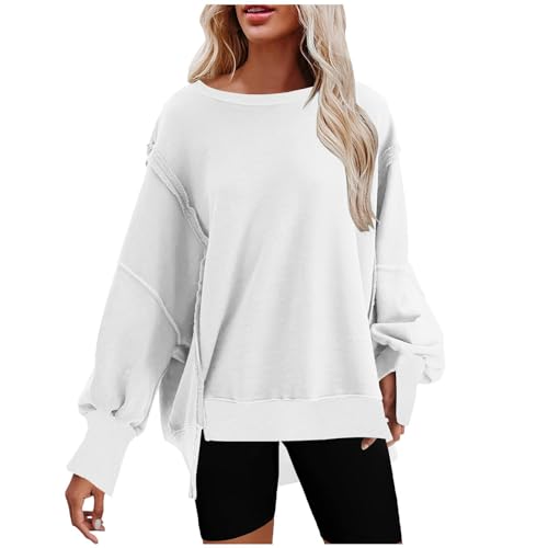 LUNULE Damenbekleidung Sale, Tops Für Damen Oversize Hoodie Damen Patchwork Rundhals Langarm Sweatshirt Ohne Kapuze Unregelmäßige Saum Pulli Fleecepullover Damen Sweatshirt Damen(Grün,L) von LUNULE