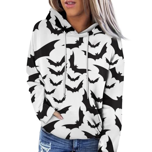 LUNULE Damenmode Sale, Pullover Für Damen Damen Pullover Halloween Fledermaus Muster Sweatshirt Mit Kapuze Outdoor Basic Pullover Mit Taschen Hoodie Jacke Damen Sweatjacke Damen Ohne Kapuze(White,S) von LUNULE