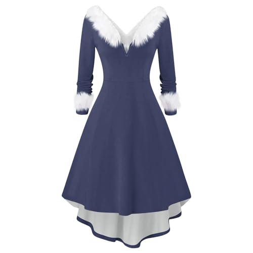 LUNULE Deals of The Day, Herbstkleid Damen Kleider Damen Weihnachten Einfarbig Langarm Midikleid Elegant Plüsch V-Ausschnitt Partykleid Rockabilly Kleider Damen Kleid Winter(Marine,M) von LUNULE