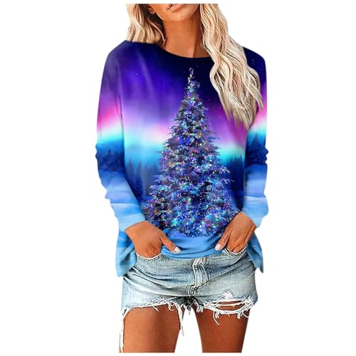 LUNULE Weihnachtspullover Damen Damen Pullover Lustige Weihnachten Druck Sweatshirt Rundhals Langarm Pullover Ohne Kapuze Xmas Weihnachts Sweatshirt Damen Pullover(Dunkelblau,S) von LUNULE