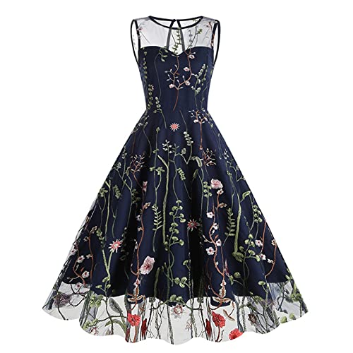 LUNULE Festival Outfit Damen Fasnachtskostüm Damen Partykleid Stickerei Retro Cocktailkleid 50er Rockabilly Kleider Ballkleid Elegant ärmellos Hochzeit Festlich Kleid Hohe Taille A-Linie Kleid Blau L von LUNULE