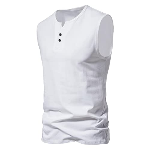 LUNULE Flanellhemd Herren Fitness Shirt Herren Herrenhemden MäNner Einfarbig Rundhals ÄRmelloses Tanktops Mit KnöPfen Sommer Gym Basic Sport Muscle WeißE Hemden (Weiß, XL) von LUNULE