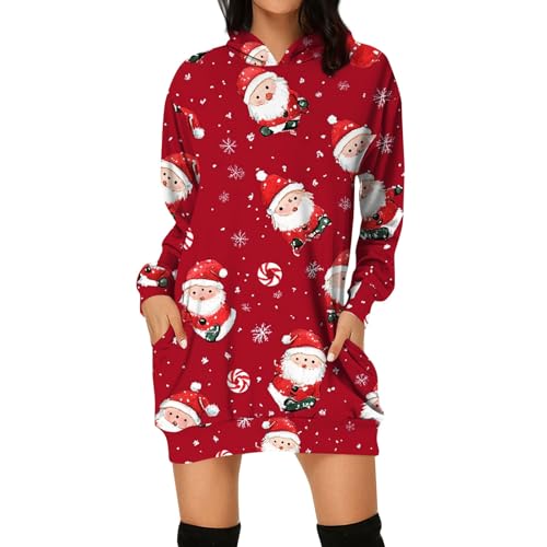 LUNULE Fleecepullover Damen, Blitzangebote des Tages Aktuell Weihnachts Hoodie Kleid 2024 Casual Langarm Pullover Kleid Ugly Christmas Partykleid Langarmshirt Damen Schwarz Kuschel Pullover (Red,S) von LUNULE