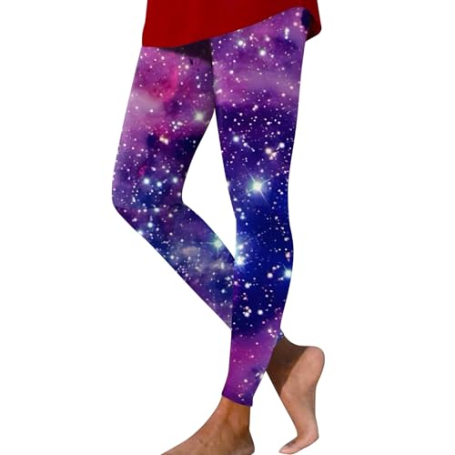 LUNULE Glitzer Leggings Damen, Weltall Kostüm Damen Space Bunte Leggings Planeten Kostüm Muster Eng Sportleggins Weltall Kostüm Leggings Damen Galaxy Warehouse Deal Retourenware Fleecehose (Purple,L) von LUNULE