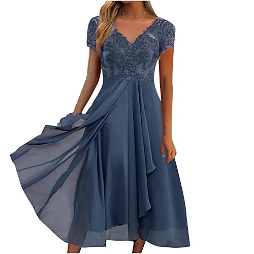 LUNULE Glitzerkleid Damen Kleid Damen Party Wickelkleid Damen Coctailkleid/Festliches Kleid Elegant Spitze Patchwork Chiffon Kleider Rundhals Mittlerer Ärmel Swing Minikleid Grünes Kleid (Blue, L) von LUNULE