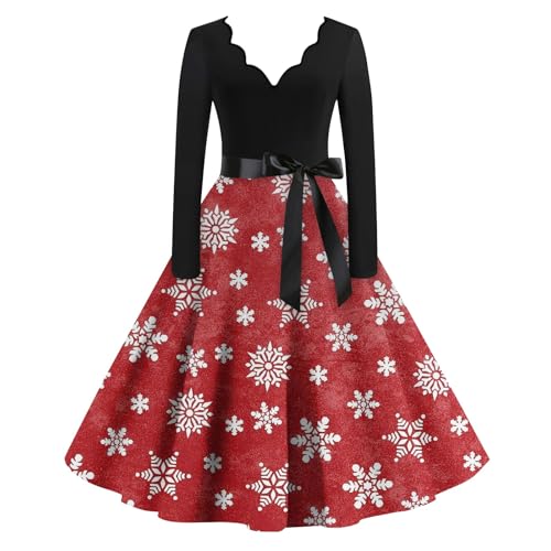 LUNULE Kleid Herbst Damen, Angebote des Tages Glitzer Kleid Damen Druck Langarm V-Ausschnitt Weihnachtskleider 50Er Jahre Rockabilly Kleid Christmas Abendkleid Damen Pullover Kleid Damen(Red,3XL) von LUNULE