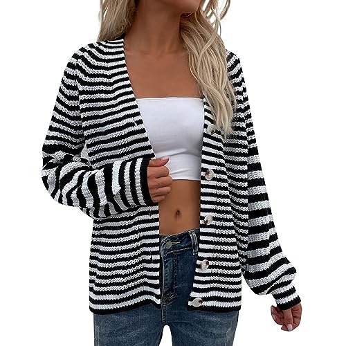 LUNULE Meine Bestellung, Strickjacke Mit Kapuze Damen Trachten Strickjacke Damen Gestreiftes Langarm Grobstrick Jacke Mit Knopfleiste Casual Warm Open Front Sweater Strand Kimono Damen (Schwarz,L) von LUNULE