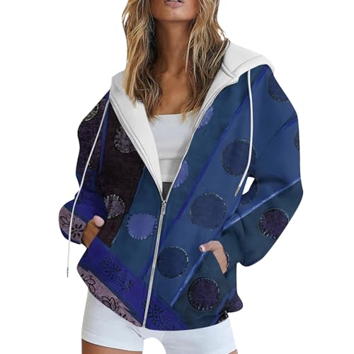 LUNULE Meine Bestellung Anzeigen, Damen Sweatjacke Sweatjacke Damen Mit Kapuze Vintage Druck Langarm Sweatshirt Jacke Mit Kapuze Damen Zipper Hoodie Kapuzenjacke Jacke Damen Frühling (Blau,XL) von LUNULE