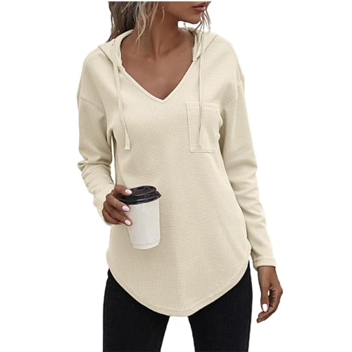 LUNULE Meine Bestellungen, Hoodie Damen Damen Sweatshirt V Ausschnitt Pullover Mit Kapuze Sweatshirt Outdoor Sport Hoody Oberteile Tshirt Damen Sommer Teddyfleece Jacke Damen(Beige,L) von LUNULE