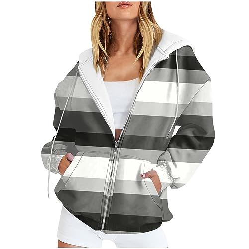 LUNULE Meine Bestellungen, Hoodie Damen Oversize Damen Strickjacke Gestreiftes Drucken Full Zip Pullover Oberteile Loose Langarm Kapuzenjacke Jacke Damen Sommer Fleecepullover Damen(Gray,XXL) von LUNULE