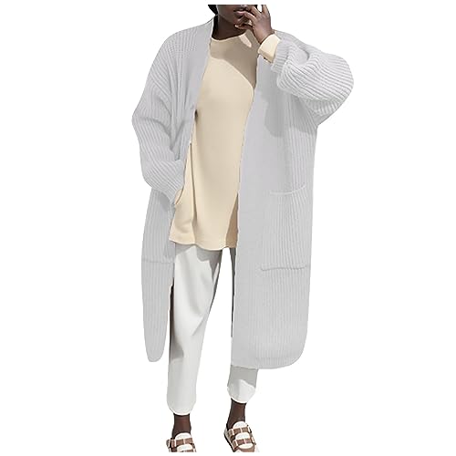 LUNULE Meine Bestellungen, Strickjacke Damen Grobstrick Kimono Damen Sommer Langarm Grobstrick Jacke Cardigan Mit Taschen Frauen Elegant Open Front Pullover Damen Elegant Bolero Damen Sommer(Weiß,XL) von LUNULE