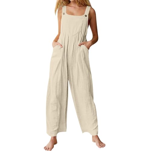 LUNULE Meine Bestellungen Anzeigen, Faschingskostüme Damen Hosenanzug Damen Festlich Hochzeit Einfarbig Ärmellos Lang Overalls Frauen Jumpsuits Mit Taschen Weites Bein Overalls Skianzug (Beige,XXL) von LUNULE