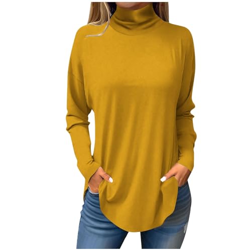 LUNULE Meine Bestellungen Anzeigen, Oberteile Damen Sommer Sommer Pullover Damen Einfarbig Rollkragen Langarm Pullover Top Oversize Shirt Casual Basic Oberteile Weißes T-Shirt Damen (Gelb,S) von LUNULE