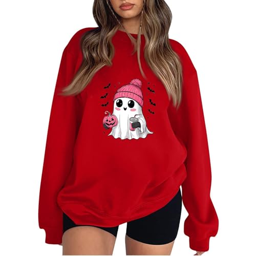 LUNULE Meine Bestellungen Anzeigen, Shirt Damen Langarm Halloween Kostüm Damen Große Größen Kürbisse Und Geister Drucken Pullover Ohne Kapuze Rundhals Langarm Pulli Oberteile Bekleidung (Red,L) von LUNULE