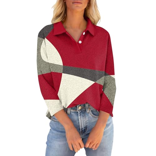 LUNULE Meine Bestellungen Anzeigen 2024, Blusen & Tuniken Für Damen Bluse Damen Sommer Bedruckte Button Down Revers 3/4 Ärmel Poloshirt Casual Golf Tennis Polohemd Damen Blusen Elegant (Deep Red,3XL) von LUNULE