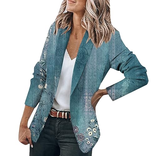 LUNULE Outlet Angebote, Jacke Damen Sommer Schwarzer Blazer Damen Vintage Blumendruck Knopf Open Front Jacke Casual Langarm Blazer Cardigan Arbeit Büro Damen Blazer Sommer Longblazer Damen(Cyan,L) von LUNULE